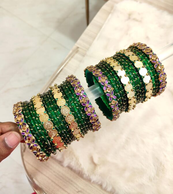Lakshmi coin set with purple flower mixed with glass bangles